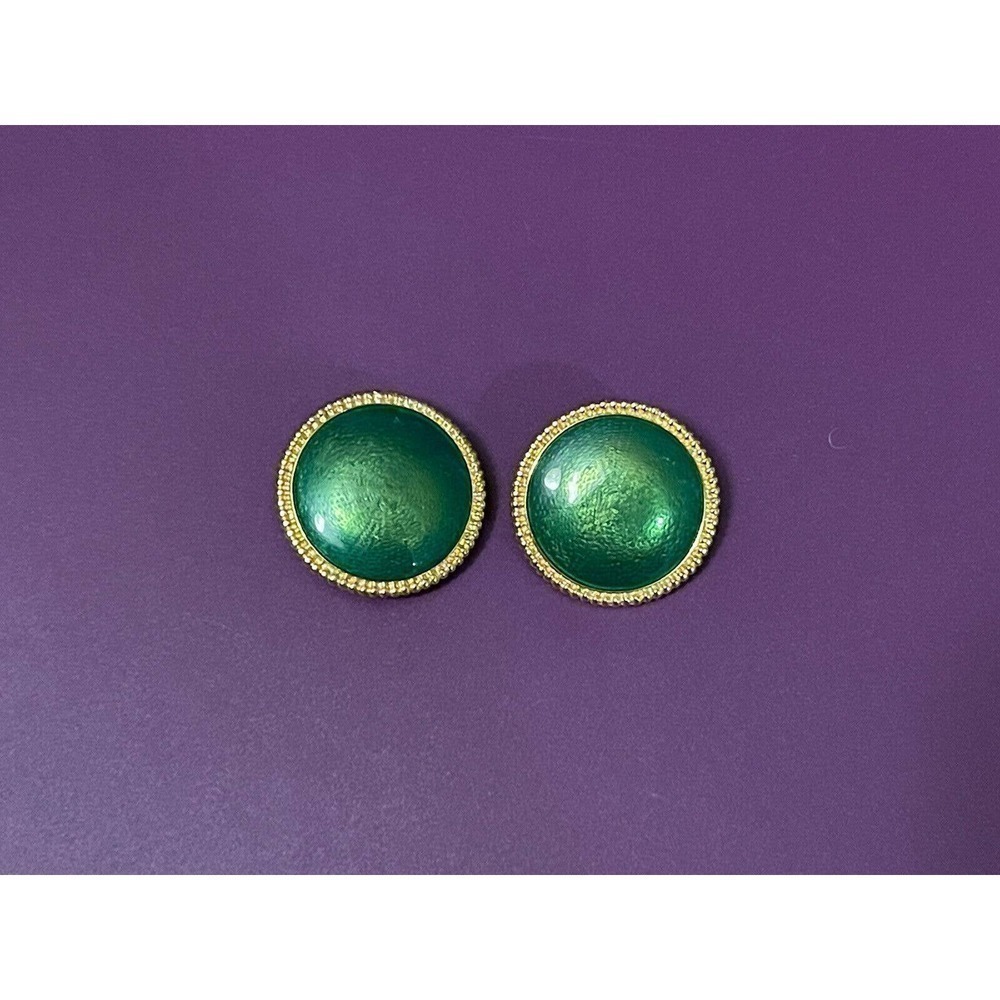 Vintage crown Trifari Green Guilloche Enamel Gold Clip Earrings